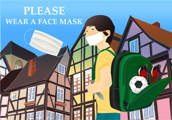 Please wear a face mask banner with buildings, text, schoolboy, white medical face mask. Coronavirus banner