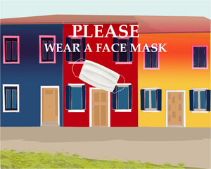 Please wear a face mask banner with buildings, text, white medical face mask. Coronavirus banner