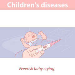 Little baby with fever in bed. Sick baby crying. 