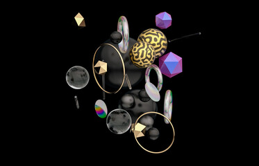 Abstract 3d art background with geometric shape floating on black background.