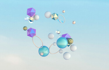 Abstract 3d art background with geometric shape floating in the air.