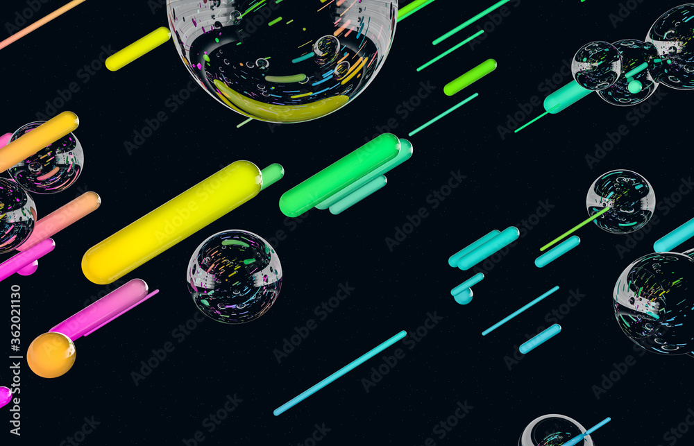 Poster Futuristic geometric dynamic lines shape with bubbles background. Abstract 3d art background.