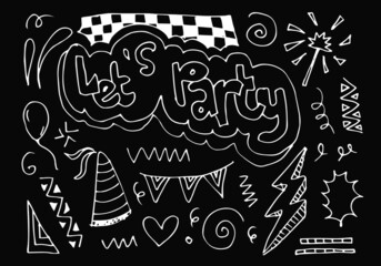 Hand drawn, doodle party set isolated on white background.Sketch icons for invitation, flyer, poster.