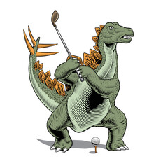 Dinosaur golfer isolated. Funny stegosaurus playing golf.  © ledokolua