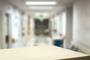 Desk of free space and blurred bar interior 