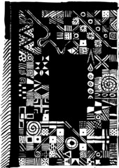 Vector illustration of black & white triangle tribal African background / texture. Abstract hand drawn picture frame / border.