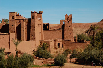 Fortified Desert Village on the Caravan Route, a popular film location . Ancient Oasis Town in the Sahara Desert, with buildings made of rammed earth (Ait Ben Haddou, Morrocco, North Africa)