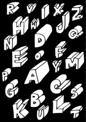 Vector illustration of black & white three dimensional / 3D hand drawn letters. Alphabet.