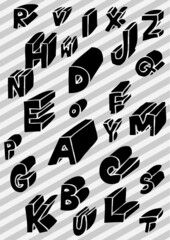 Vector illustration of black & white three dimensional / 3D hand drawn letters. Alphabet.