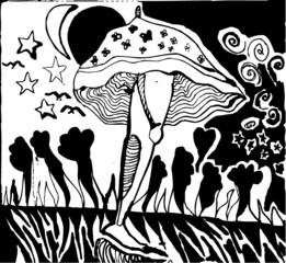 Vector illustration of black and white psychedelic surrealism childish drawing. Leg, stars, birds, mushroom, umbrella, monster. Hand drawn.