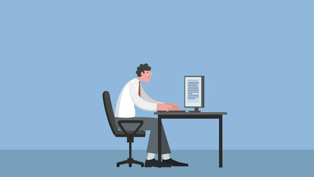 Cartoon Workplace with Angry Man Character Beats Malfunctioning Computer in Office Side View Animation