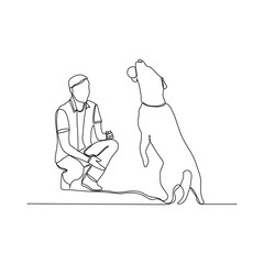 Continuous line drawing of happy man playing with dog pet. Vector illustration