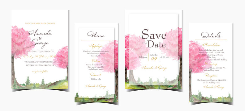 set of wedding invitation with elegant pink cherry blossom tree