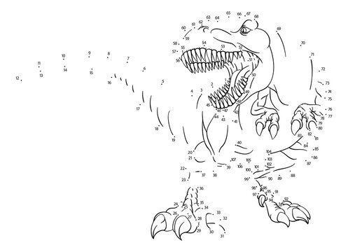 A connect or join dots to dot kids puzzle work sheet drawing of a T Rex Tyrannosaurus dinosaur