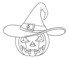 A coloring book page drawing of a Jack O Lantern Halloween pumpkin