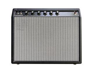 Isolated boutique black leather vintage electric guitar amplifier with a black knob on white...