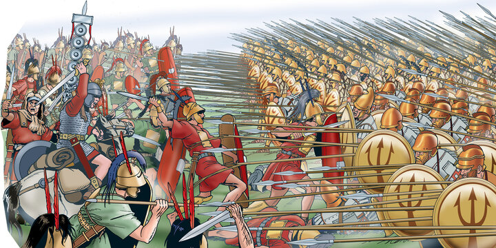 Ancient Rome - Battle of Roman soldiers against Greek phalanx