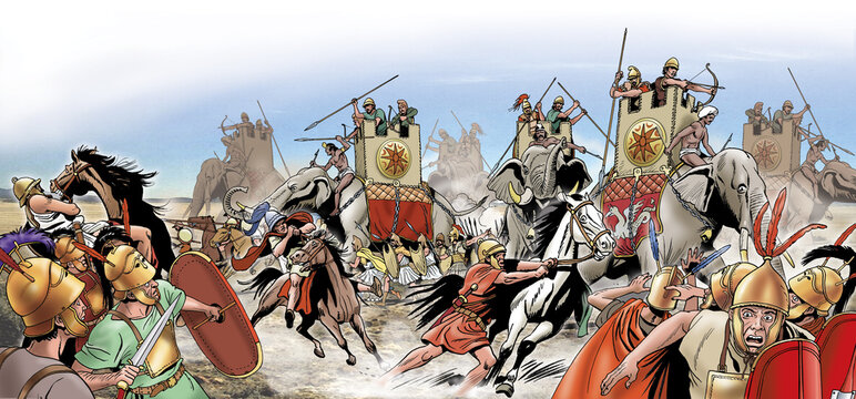Ancient Rome - Pyrrhus elephants fight against Roman soldiers