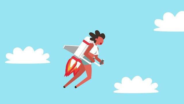 Stick Figure Color Pictogram Rocket Woman Girl Character Flies with Jet Pack in the Sky Cartoon Animation