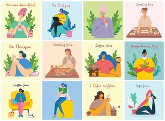 Women activities backgrounds. Women doing yoga, cooking, reading and working concept in the flat style