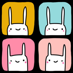 Four rabbits hand drawn vector illustration seamless pattern in cartoon comic style kawaii faces