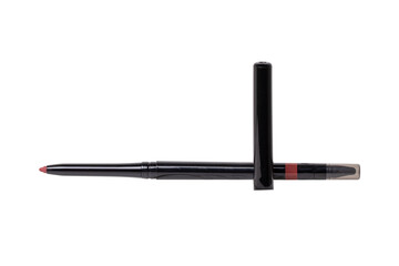 Cosmetic tools. Macro photograph of a professional pink lip liner pencil isolated on a white background. Beauty concept.