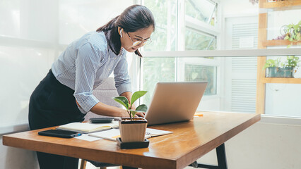 Fototapeta premium Beautiful Asian Business Using Laptop Computer Online Working from Home