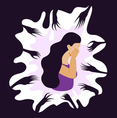 Panic attack of woman concept vector. Fear reaches out to a sad, crying woman. Depression, sadness, mental health illustration in a flat style.