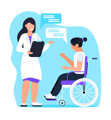 Psychologist concept vector. Disable woman receive professional psychology consultation. Depression, sadness, mental health illustration. Medical, online, help service of a therapist woman.