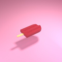 Close-up realistic art of red, fruit, juicy, sweet, fresh popsicle on wooden stick on red, pink pastel background. Isolated clip art element for design. Stock 3d rendering