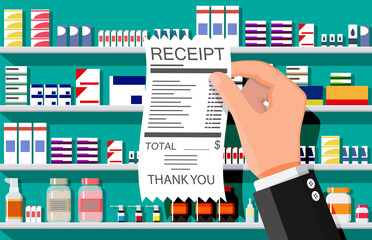 Medicine collection on shelves, hand with receipt. Set of bottles, tablets, pills, capsules and sprays. Medical drug, vitamin, antibiotic. Healthcare and pharmacy. Flat vector illustration