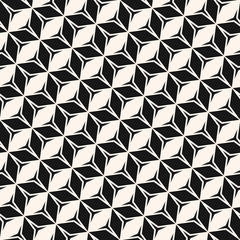 Vector monochrome geometric seamless pattern. Stylish black and white abstract geometric texture with rhombuses, diamonds, triangles, diagonal grid, lattice. Simple geo background. Repeatable design