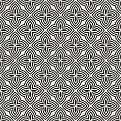 Vector floral seamless pattern. Abstract black and white geometric ornament with flowers in oriental style. Elegant mosaic background. Simple monochrome ornamental texture. Endless repeatable design