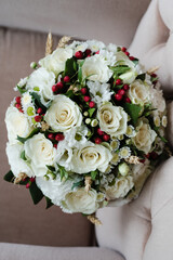 bridal bouquet of white roses, wedding day