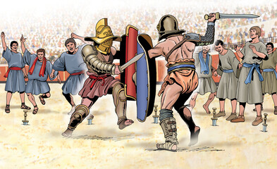 Ancient Rome - Fight between gladiators incited by increpatores