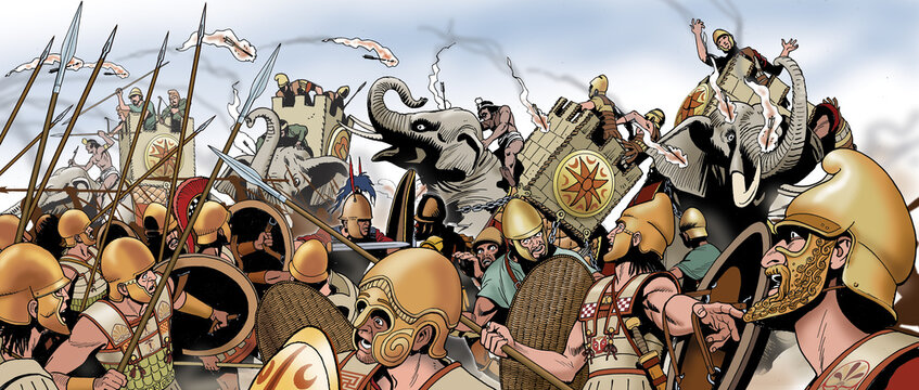 Ancient Rome - Pyrrhus, elephants injured and scared by fire during the battle