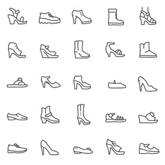 Women's shoes of various shapes, icon set. Casual and special footwear, for different seasons, linear icons. Line with editable stroke