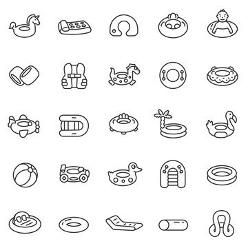 rubber rings of various shapes for swimming, icon set. attributes for a summer holiday in the water, air mattress, swimming arm band, boats, linear icons. Line with editable stroke