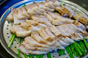 korean food - steamed pork on chives