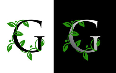 Elegant G Letter Icon with luxury green leaf logo design.