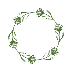 Decorative wreath of linear flowers in a circle. Floral border of twigs, leaves, abstract flowers. Elegant frame in a simple, minimalist style. 
Vector illustration, contour drawing, green color