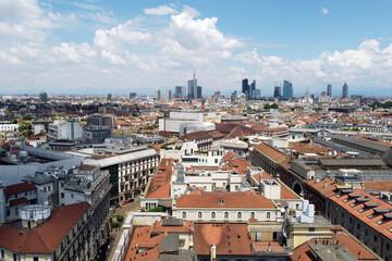 Fototapeta na wymiar Italy , Lombardy, Milan July 2020 - Drone aerial view of downtown of the city with new skyline and skyscrapers after finish of lockdown due COVID19 Coronavirus outbreak 