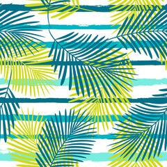 Fototapeta na wymiar Tropical pattern, summer palm leaves seamless vector floral background. Exotic plant on stripes. spring nature jungle print. Leaves of palm tree on paint lines.
