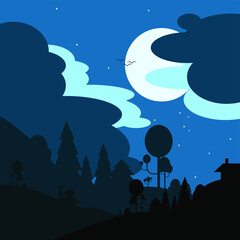 Fototapeta na wymiar landscape illustration night view, vector, moon, nature