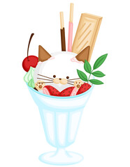 A Vector of Cute Cat Ice Cream with Various Fruit and Biscuit Topping 