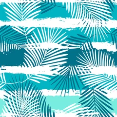 Deurstickers Palmbomen Tropische patroon, zomer palmbladeren naadloze vector floral achtergrond. Exotische plant op strepen. lente natuur jungle print. Bladeren van palmboom op verflijnen.