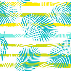 Fototapeta na wymiar Tropical pattern, summer palm leaves seamless vector floral background. Exotic plant on stripes. spring nature jungle print. Leaves of palm tree on paint lines.