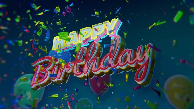 Animated 3d colorful and shiny Happy Birthday title with confetti and flying balloons