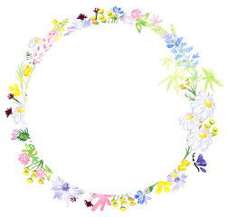 Watercolor round frame of wildflowers. Flower wreath. Perfect in print design, souvenir products, web design, photo albums and other creative ideas.