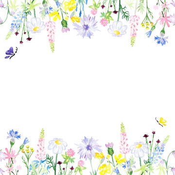 Watercolor frame of wildflowers. Floral background. Perfect in print design, souvenir products, web design, photo albums and other creative fields.